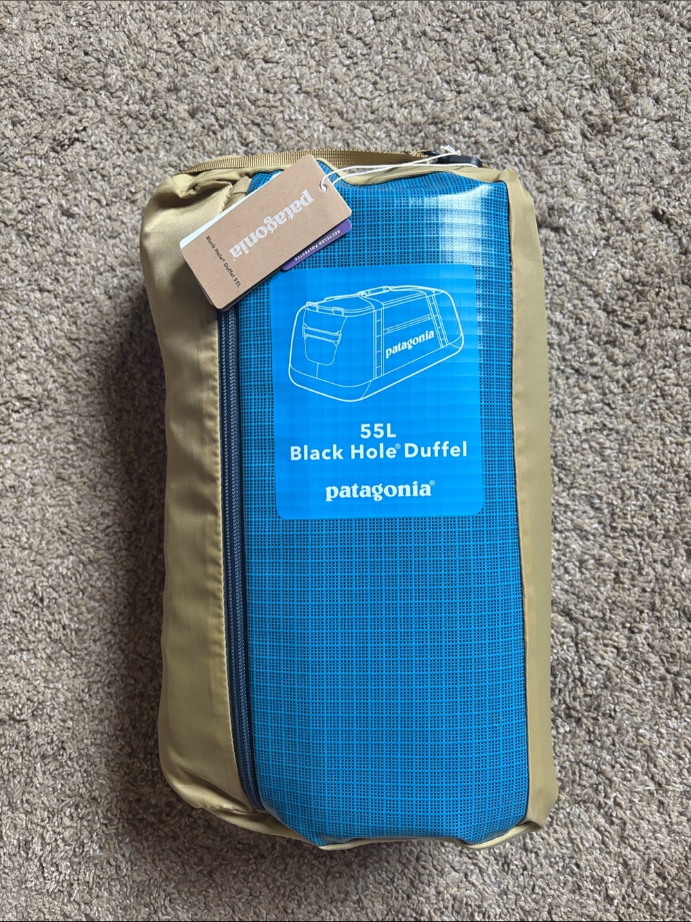 Patagonia Black Hole Duffel Packable - Tan & Bright Blue
